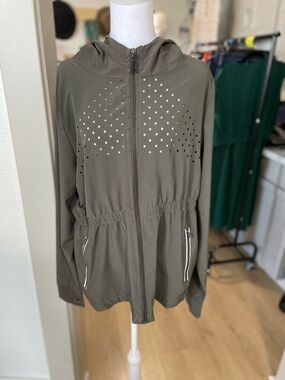 Women's Olive Hooded Utility Jacket with Perforated Detail